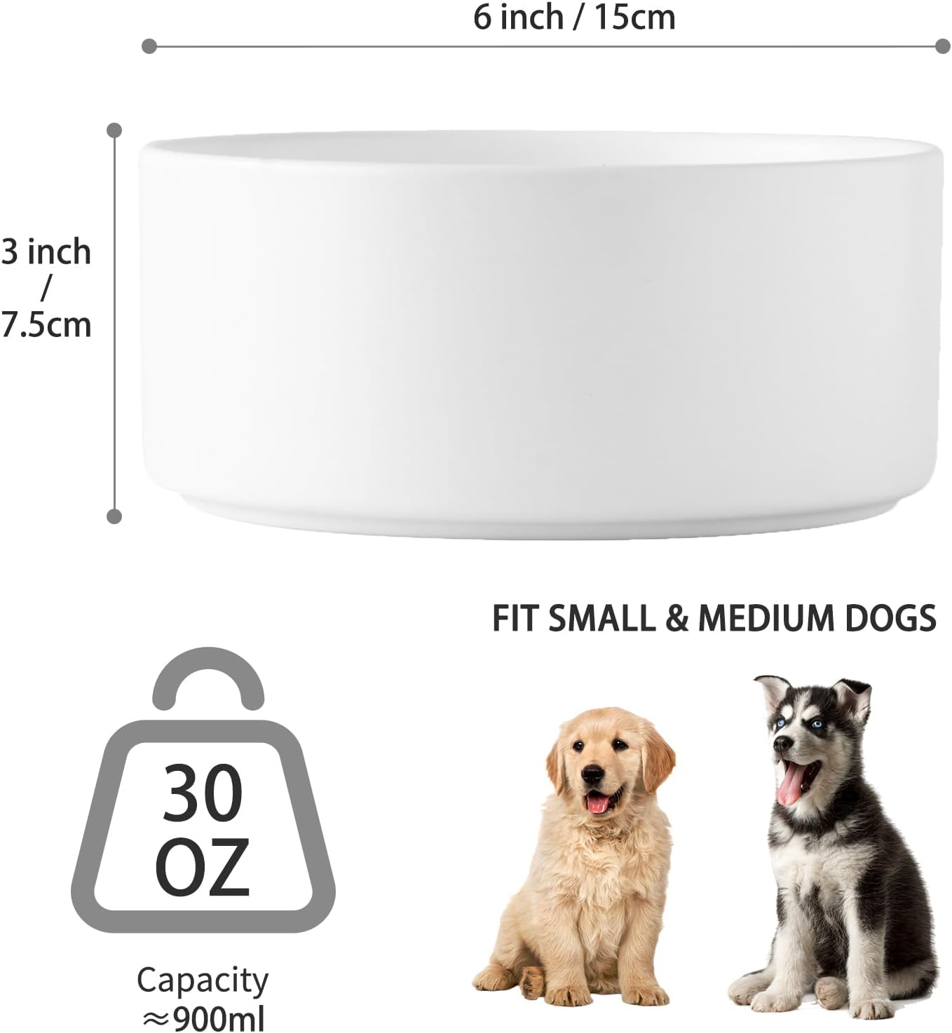 6'' Ceramic Raised Dog Bowl - 30Oz Dog Food & Water Bowl with Elevated Non-Slip Bamboo Stand, Dishwasher & Microwave Safe, Anti Vomiting Heavy Duty Pet Bowl for Small and Medium Dogs, White