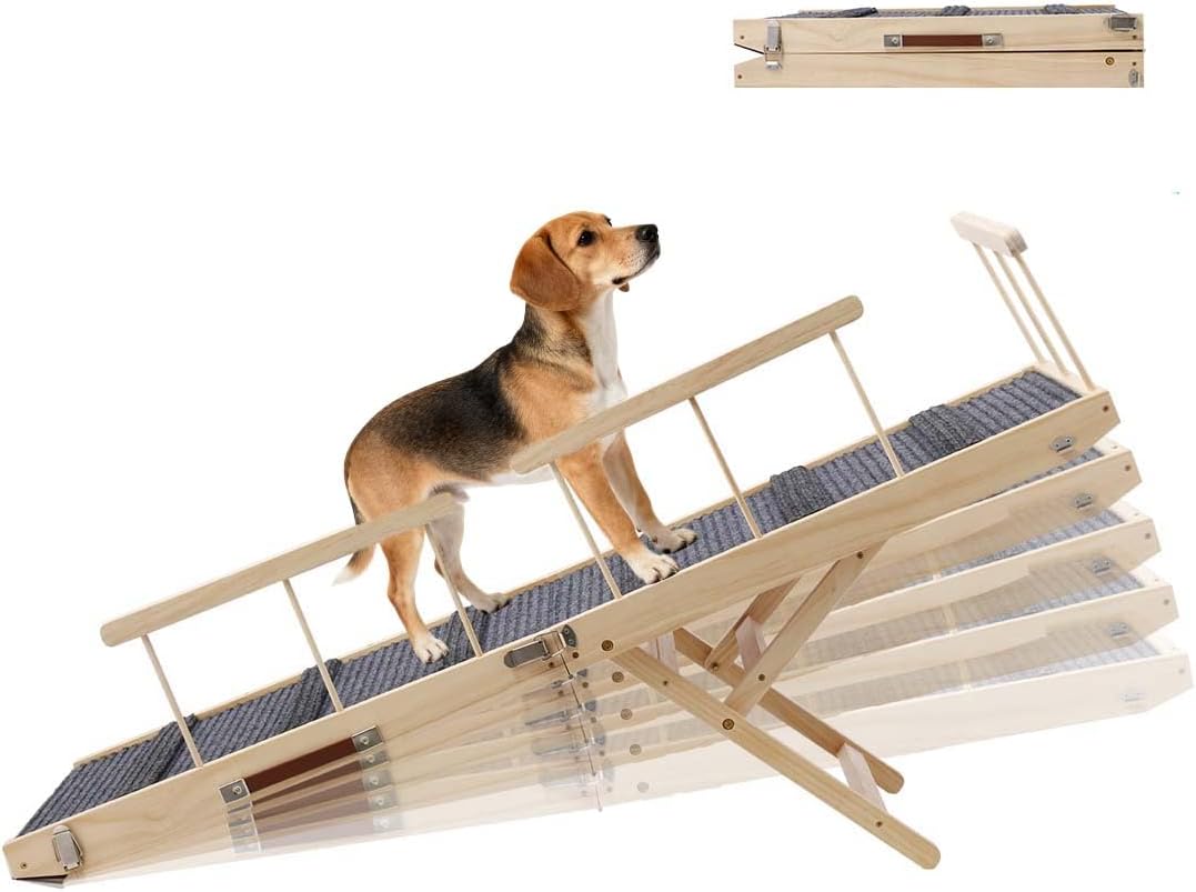 In hand Dog Ramp for High Bed with Safety Rails, Adjustable Foldable Pet Steps Ramp with Anti-Slip Pad, Assist Senior Arthritic, Injured, Small to Large Dogs to Climb Couch Bed Stairs Easily