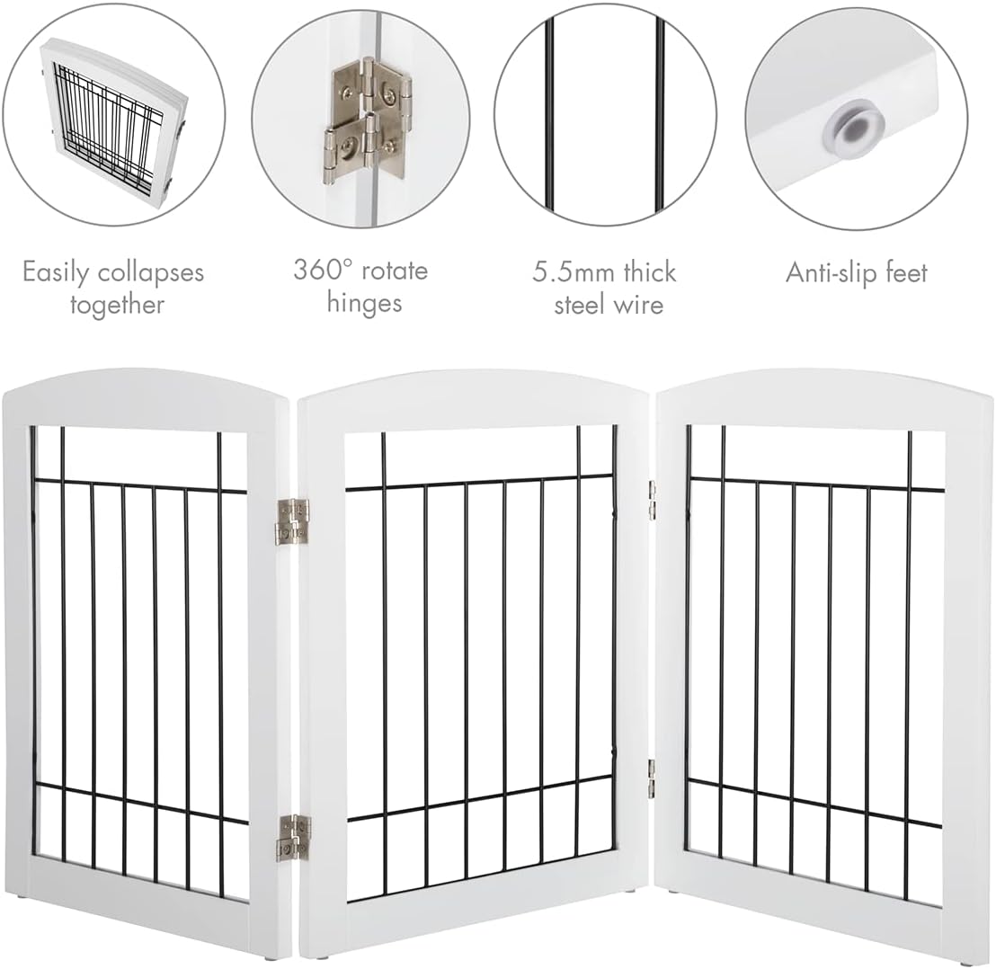 PAWLAND Free Standing Dog Gates for The House Stairs Doorways Indoor Foldable Wooden Small White Puppy Pet Gate Step Over Fence 60" W 24" H 3 Panels