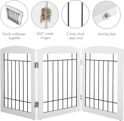 PAWLAND Free Standing Dog Gates for The House Stairs Doorways Indoor Foldable Wooden Small White Puppy Pet Gate Step Over Fence 60" W 24" H 3 Panels