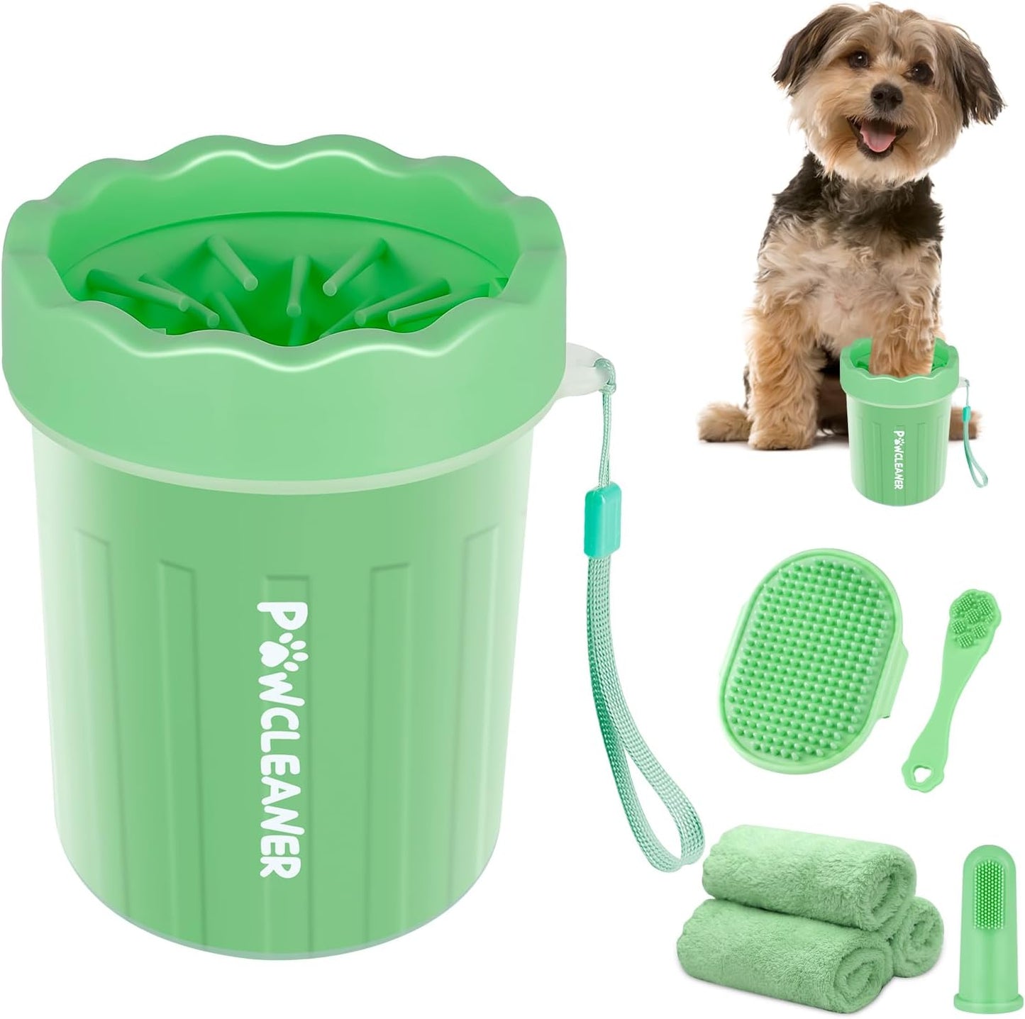 Professional 7 in 1 Dog Paw Cleaner for Dogs & Cats - Includes 1 Portable Paw Washer, 1 Bath Brush, 2 Dog Toothbrushes and 3 Absorbent Towels Note: Fits Paws up to 2 Inches Wide (Small, Blue)