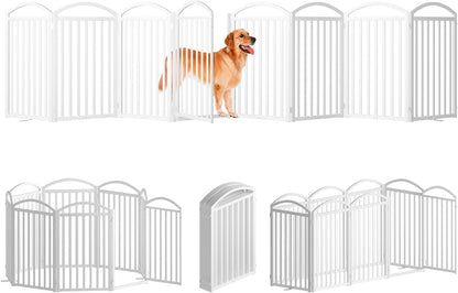 SNUOWU 4 Panels Full Matel Freestanding Dog Gates with Door, 96"Extra Wide 32"Tall Free Standing Dog Pet Gate for Indoor & Outdoor. Foldable Pet Fences for Doorways, House, Stairs, Porch, Deck, Yard