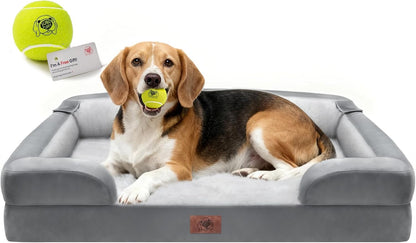 Extra Large Dog Bed, Orthopedic XL Washable Memory Foam Bed for Big Dogs Waterproof Pet Couch Sofa Bolster with Removable Cover, Non-Slip Bottom, Tennis Ball Toy, 42x30