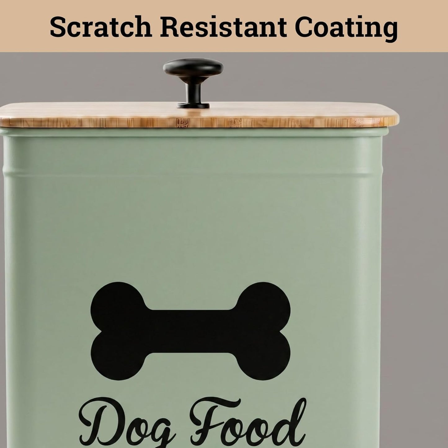 Dog Food Container Airtight 5-7 lb (25 Cup) Capacity - Cute Airtight Dog Food Storage Container with Bamboo Lid & Sturdy Metal Handle - White Metal Kibble Storage Bin for Dogs up to 50 lbs - Pet Jar