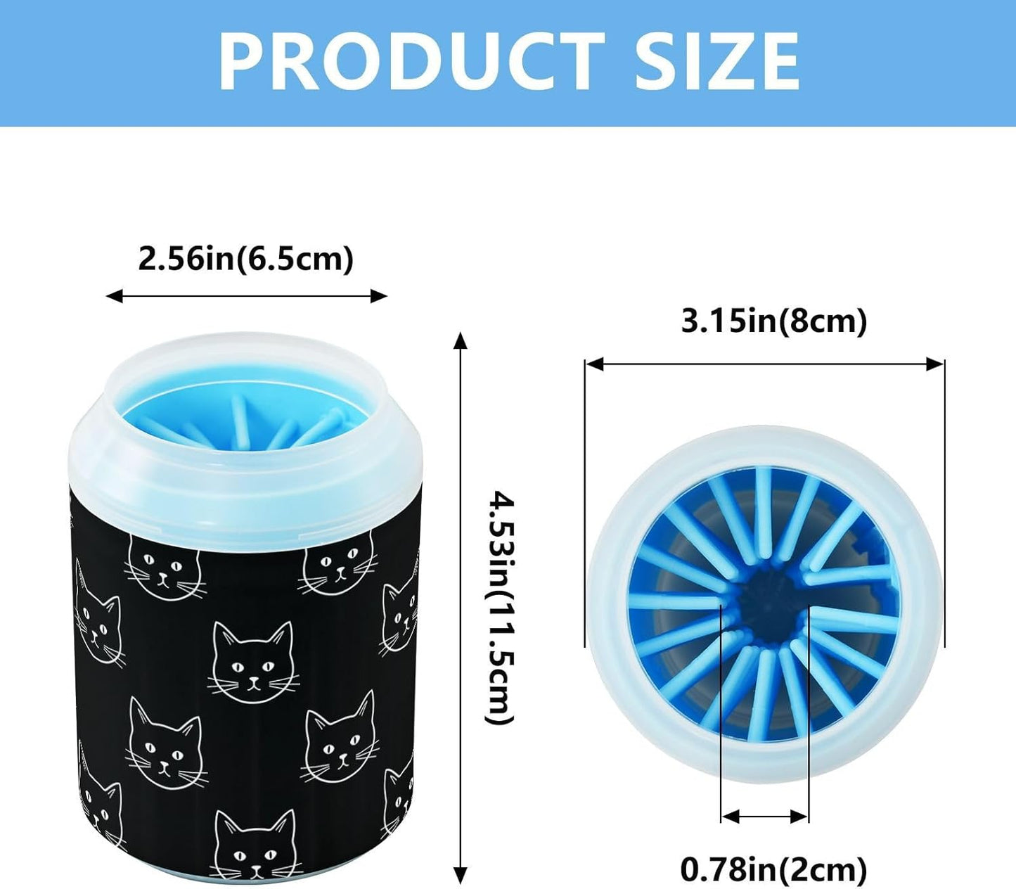 Cat Face Black Pattern Dog Paw Cleaner Cup with Soft Silicone Brush, Portable Small Lightweight Muddy Paw Washer for Dogs, Easy to Use Pet Foot Cleaner