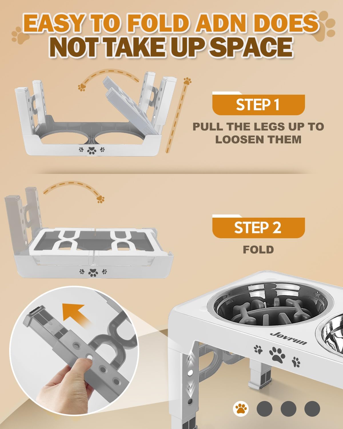 Jovrun Elevated Dog Bowls for Small Dogs and Cats, Non-Slip Cat Bowls with 2 Thick 5.5" Stainless Steel Dishes, Dog Feeder 2 Heights Adjustable to 2.6"-5.3"