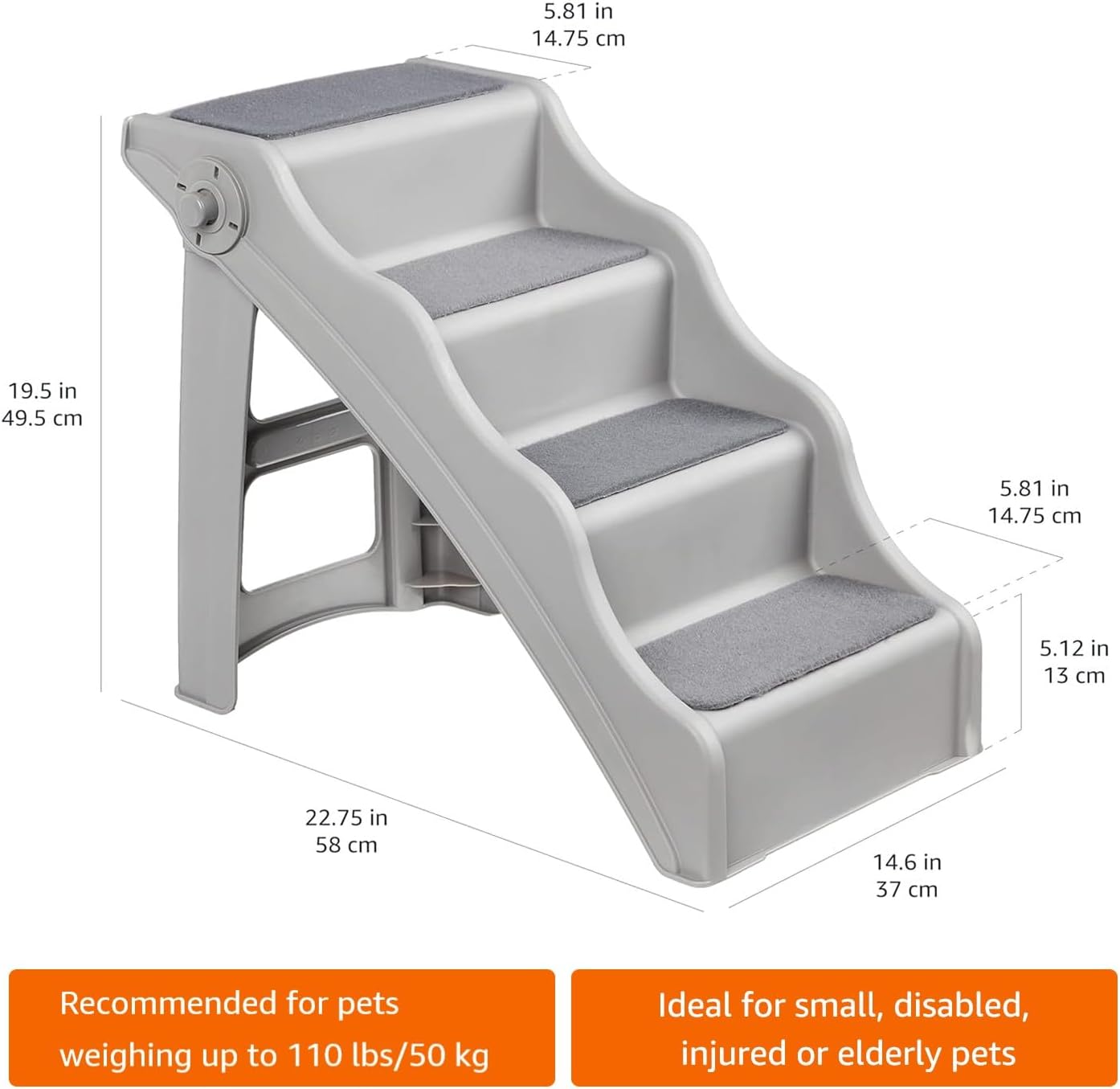 Amazon Basics Foldable Non-Slip Pet Stairs for Small Dogs and Cats, Senior Pets, Easy to Climb, 14.6" x 22.75" x 19.5", Grey