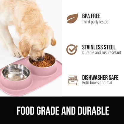 GORILLA GRIP Feeding Mat Set, Patent Pending 100% Waterproof BPA Free Silicone, Stainless Steel Cat and Dog Bowls, Slip Resistant, 1 Black mat/tray with 2 stainless steel bowls