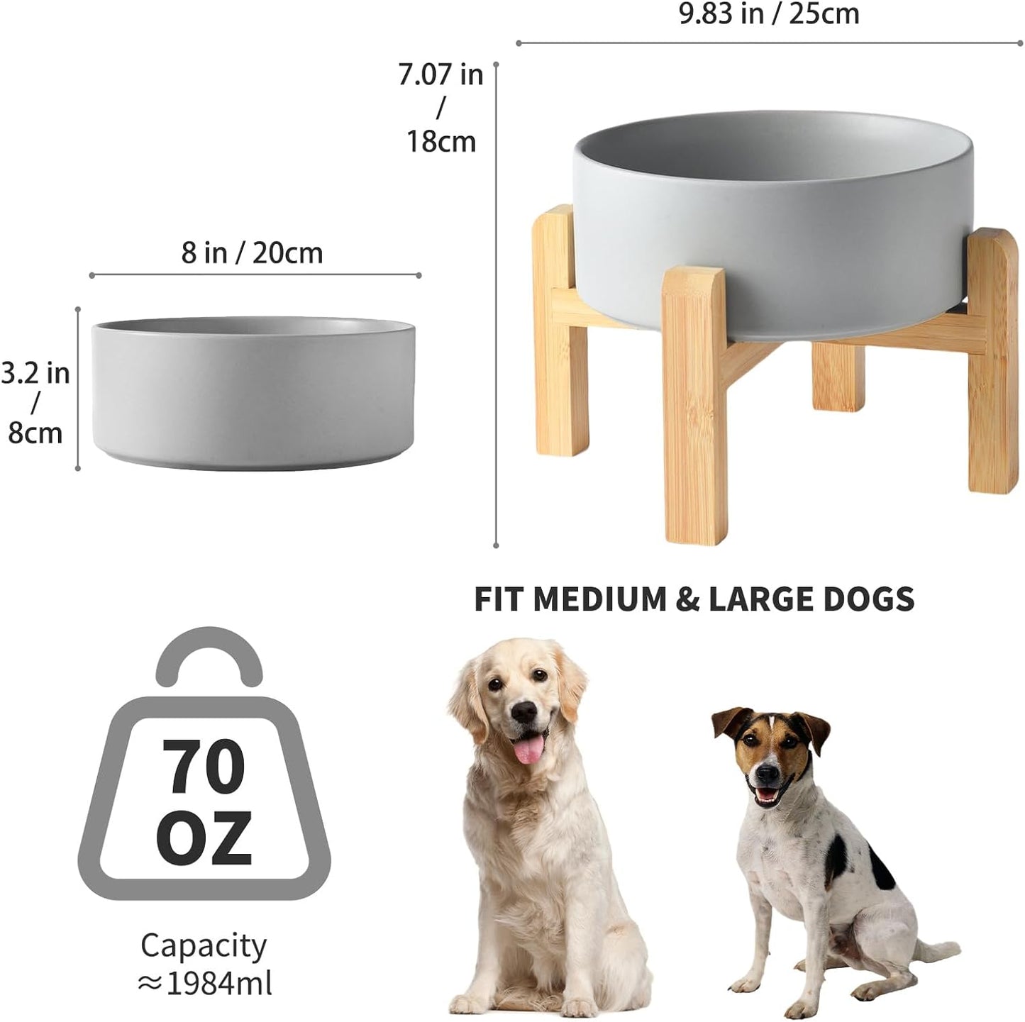 6'' Ceramic Raised Dog Bowl - 30Oz Dog Food & Water Bowl with Elevated Non-Slip Bamboo Stand, Dishwasher & Microwave Safe, Anti Vomiting Heavy Duty Pet Bowl for Small and Medium Dogs, White