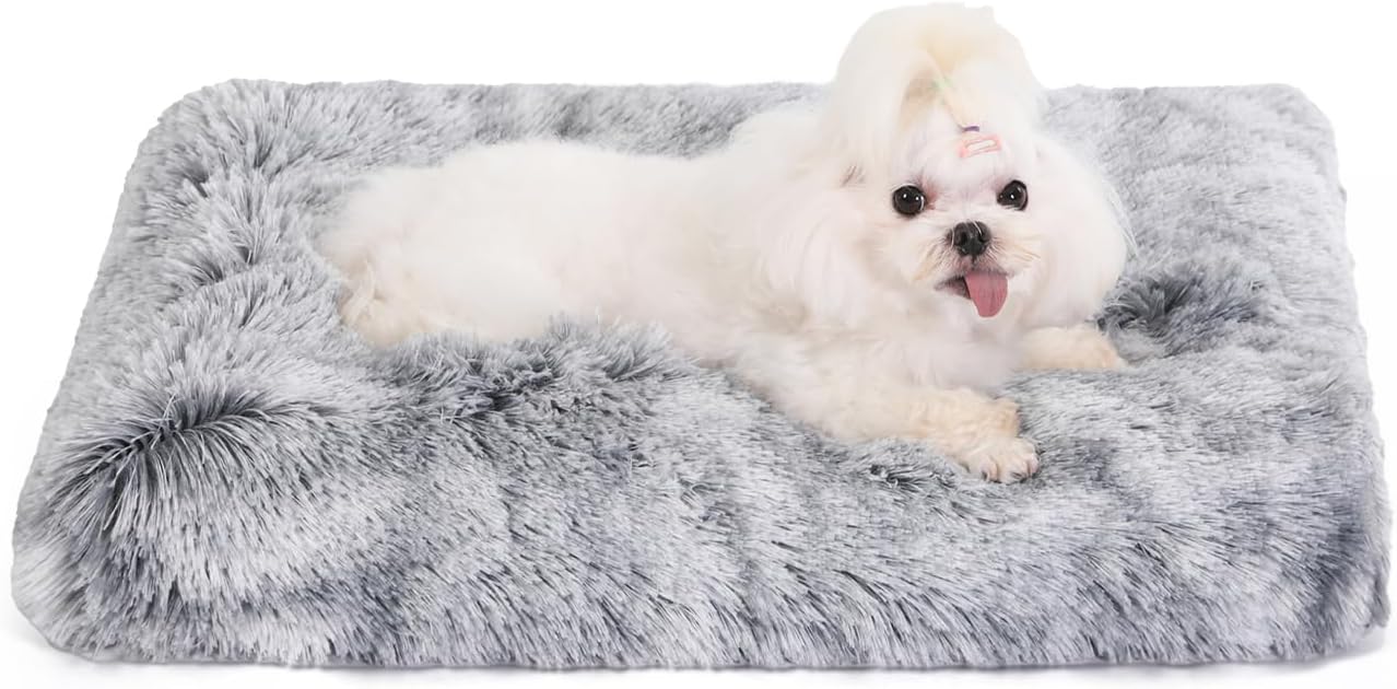 Bedfolks Waterproof Dog Crate Bed, Plush With Removable Washable Cover, Faux Fur Crate Pad for Medium Dogs, Fluffy Kennel 29"x21", Dark Grey