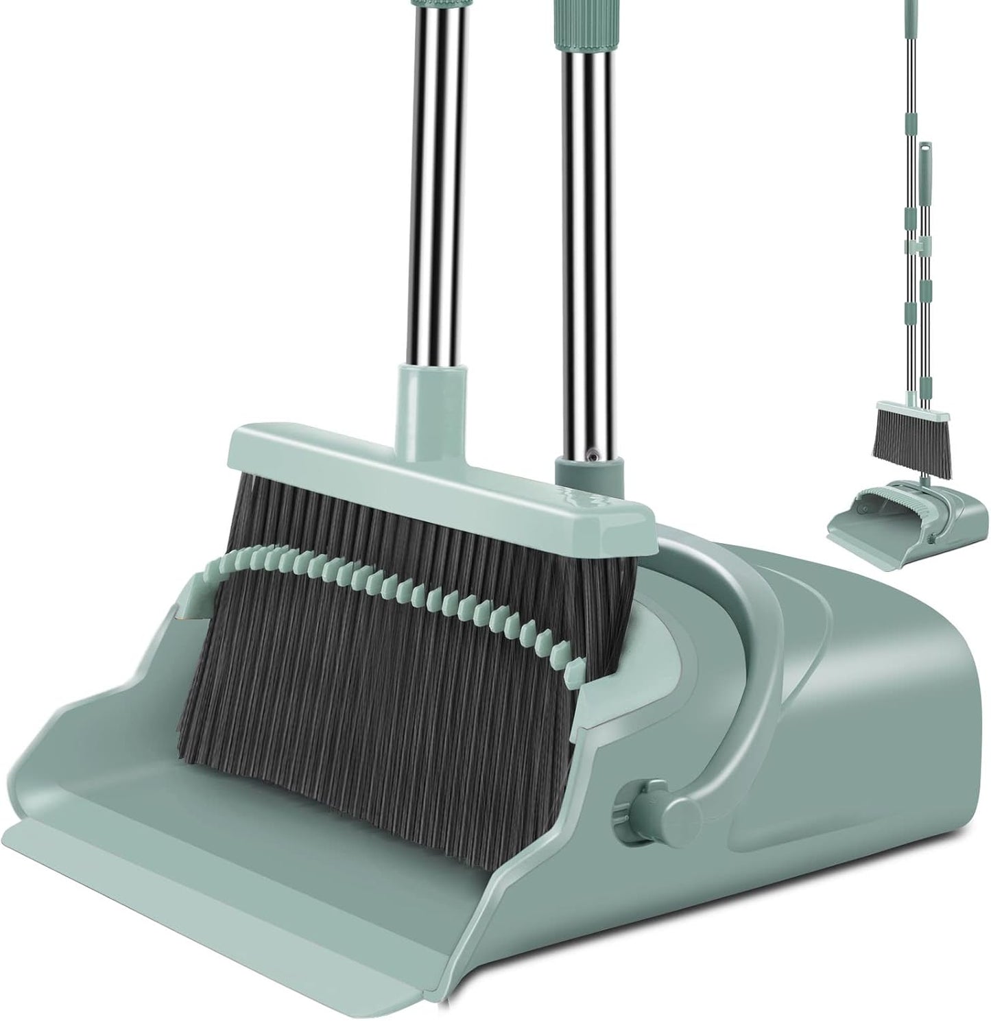 Upgrade Broom and Dustpan Set, Self-Cleaning with Dustpan Teeth, Indoor&Outdoor Sweeping, Ideal for Dog Cat Pets Home Use, Stand Up Broom and Dustpan (Gray&Orange)