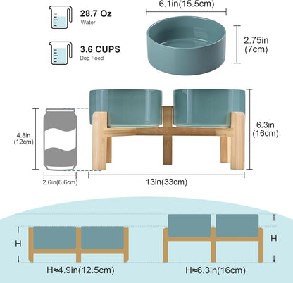 SPUNKYJUNKY Elevated Dog Bowls Ceramic, 6.1'' Dogs and Cat Food Water Bowls Raised with Non-Slip Bamboo Stand for Medium Sized Breed Microwave Dishwasher Safe - 28.7 OZ,Beige