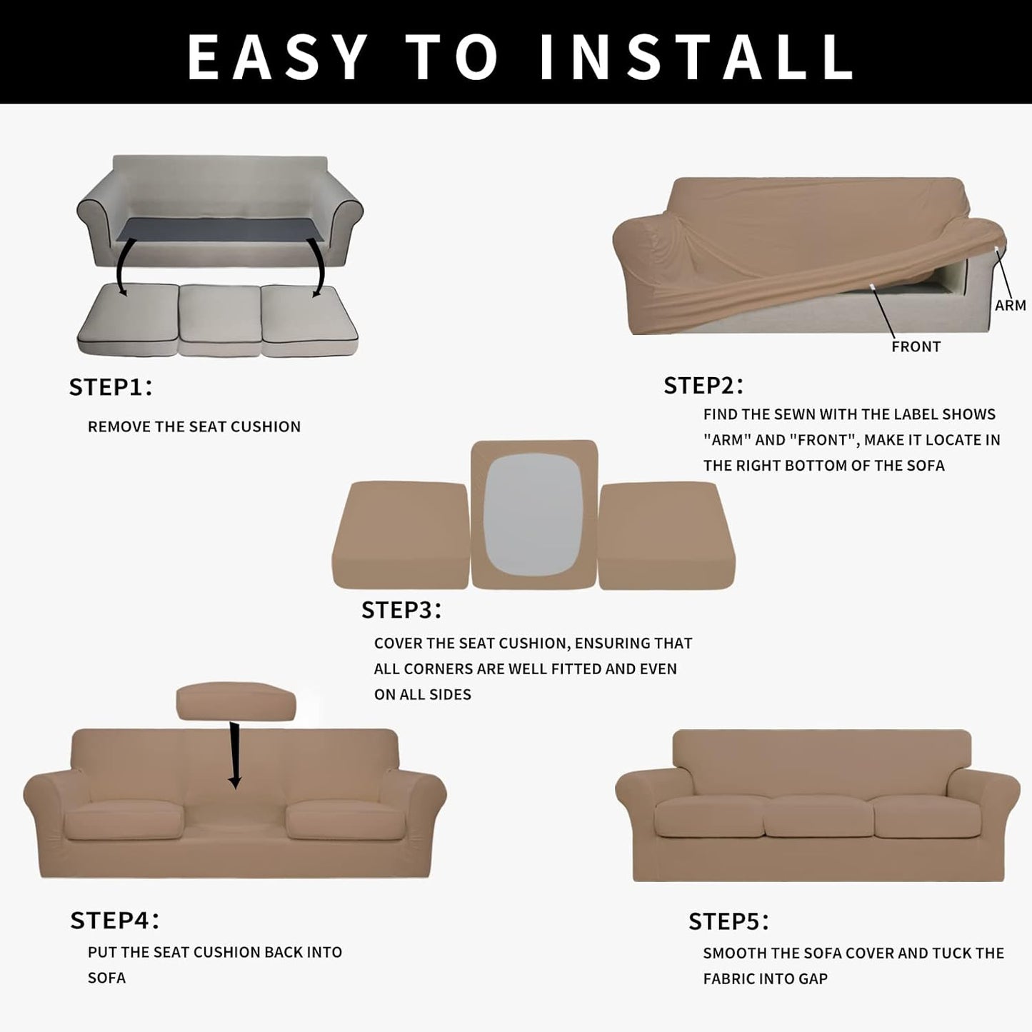 Easy-Going 100% Dual Waterproof 4 Pieces Stretch Soft Couch Cover for Dogs, Sofa Slipcover for 3 Separate Cushion Couch Leakproof Furniture Protector for Kids, Pets Dark Gray