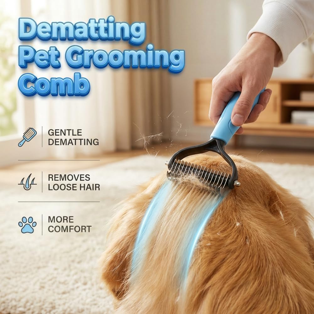 Dematting Comb for Dogs and Cats, Double-Sided Tooth Dematting Comb Undercoat Rake Pet Grooming Brush for Shedding, Detangler Comb for Long Haired Dogs Cats (Big Blue)
