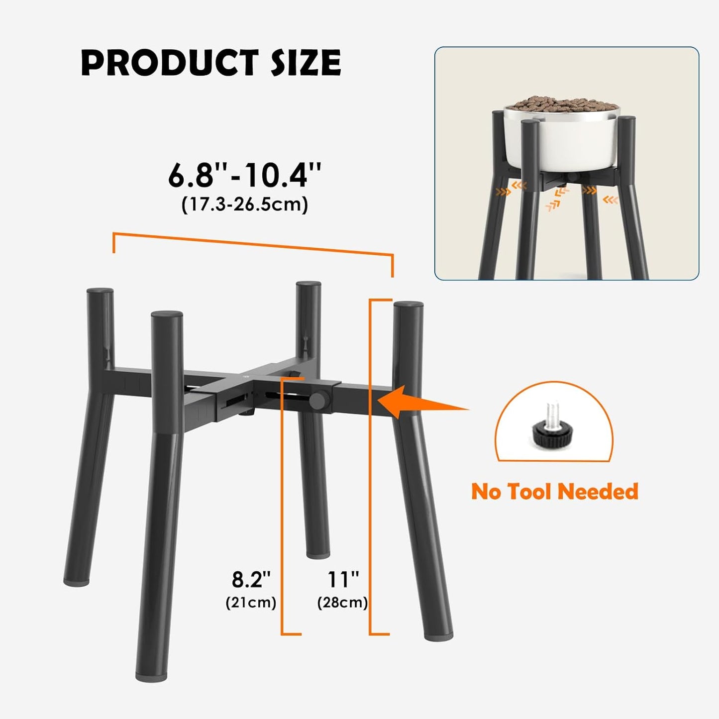 Dog Bowl Stand for Medium Large Dogs, Adjustable Width Elevated Dog Bowls 7-10.6", Raised Dog Food Water Bowls, 11 inch Tall Single Holder, Black,Bowl Not Included