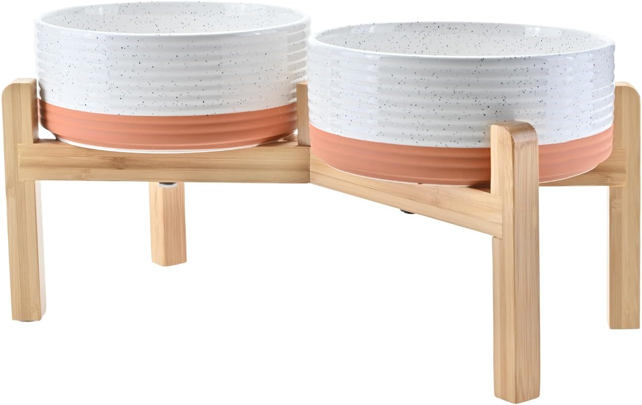 SPUNKYJUNKY Elevated Dog Bowls Ceramic, 6.1'' Dogs and Cat Food Water Bowls Raised with Non-Slip Bamboo Stand for Medium Sized Breed Microwave Dishwasher Safe - 28.7 OZ,Beige