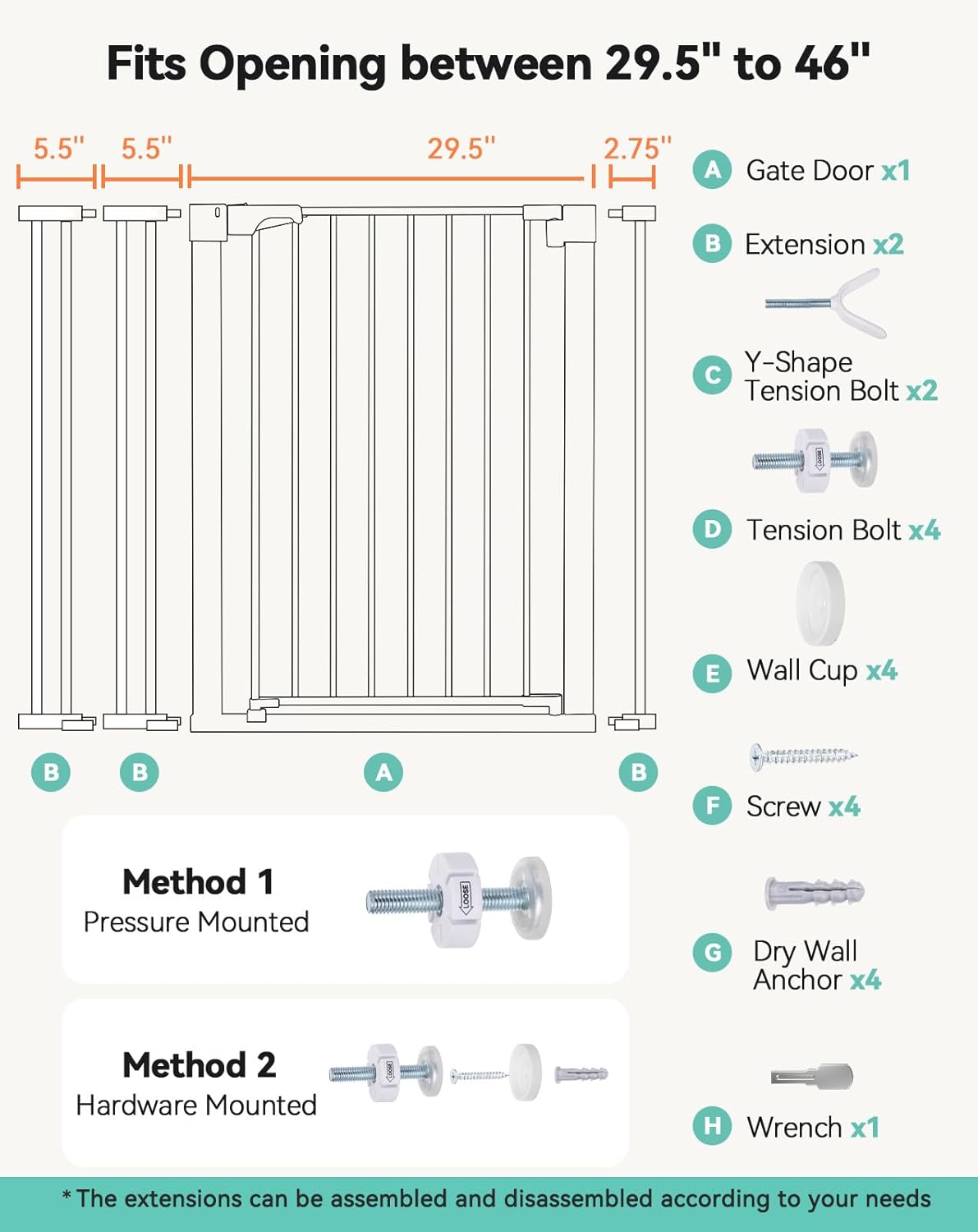 COMOMY 36" Extra Tall Baby Gate for Stairs and Doorways - Fits 29.5" to 48.8" Wide Openings, Auto Close Extra Wide Dog Gate for House, Pressure Mounted Easy Walk Through Pet With Door, Black