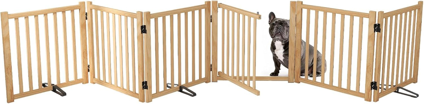 Wooden Dog Gate Indoor, 23" H Freestanding Dog Gates with Door, No-Painted Foldable Puppy Fence, Doggy Barrier for Doorway, Stairs- 4 Panels