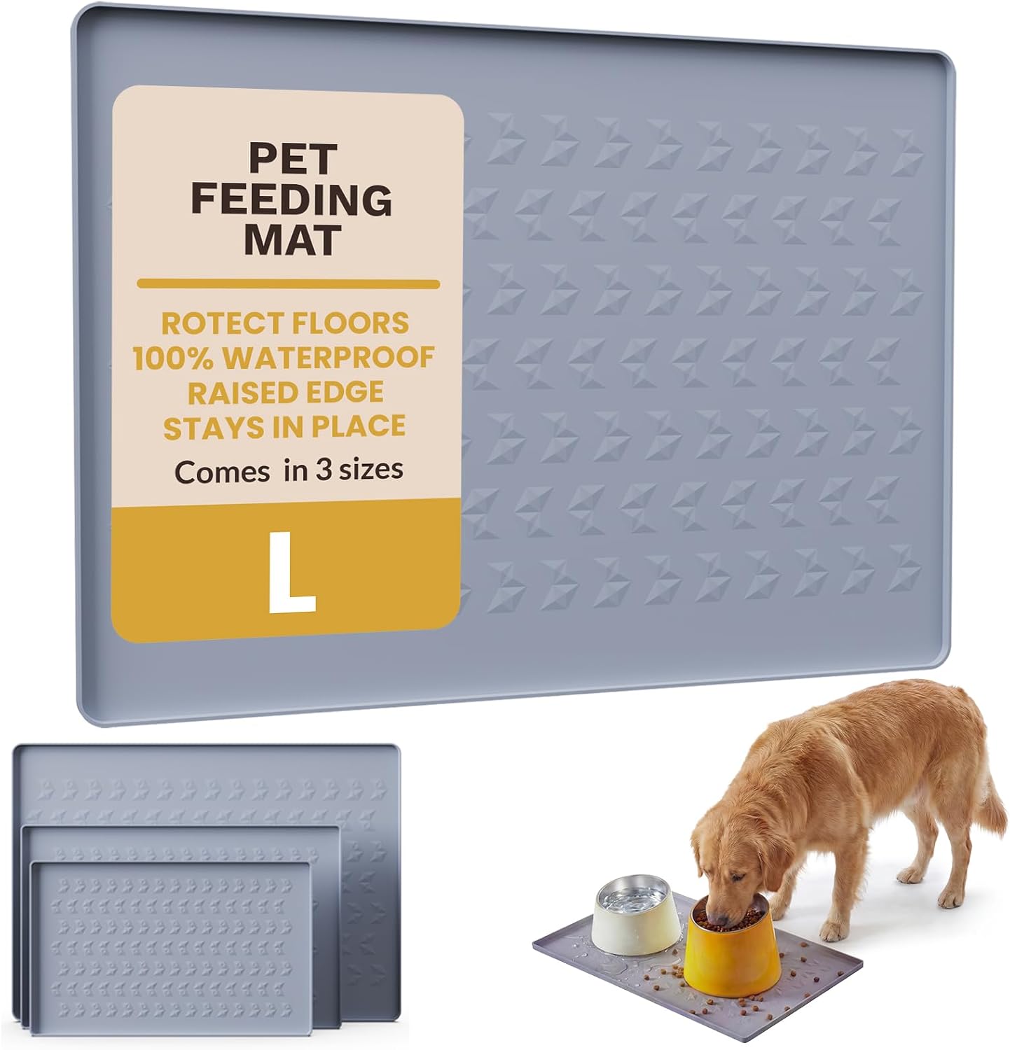 Silicone Pet Feeding Mat - 100% Waterproof Dog & Cat Bowl Pad with Raised Edges - Protects Floors from Messy Eaters & Spills - Anti-Slip, 100% PET-Safe, Dishwasher Safe (Grey 18.5"x11.5")