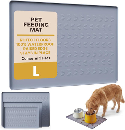 Silicone Pet Feeding Mat - 100% Waterproof Dog & Cat Bowl Pad with Raised Edges - Protects Floors from Messy Eaters & Spills - Anti-Slip, 100% PET-Safe, Dishwasher Safe (Grey 18.5"x11.5")