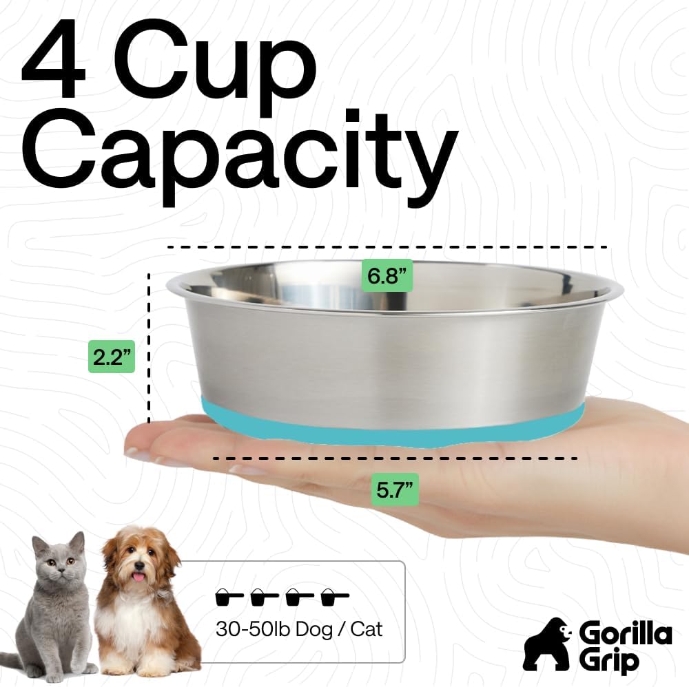 GORILLA GRIP Dog Bowls, Food Grade 304 Stainless Steel, Holds 2 Cups Each (16 fl oz) Food and Water Bowl for Feeding Dogs and Cats, Dishwasher Safe, Rust Resistant, BPA Free Rubber Base Set of 2 Black