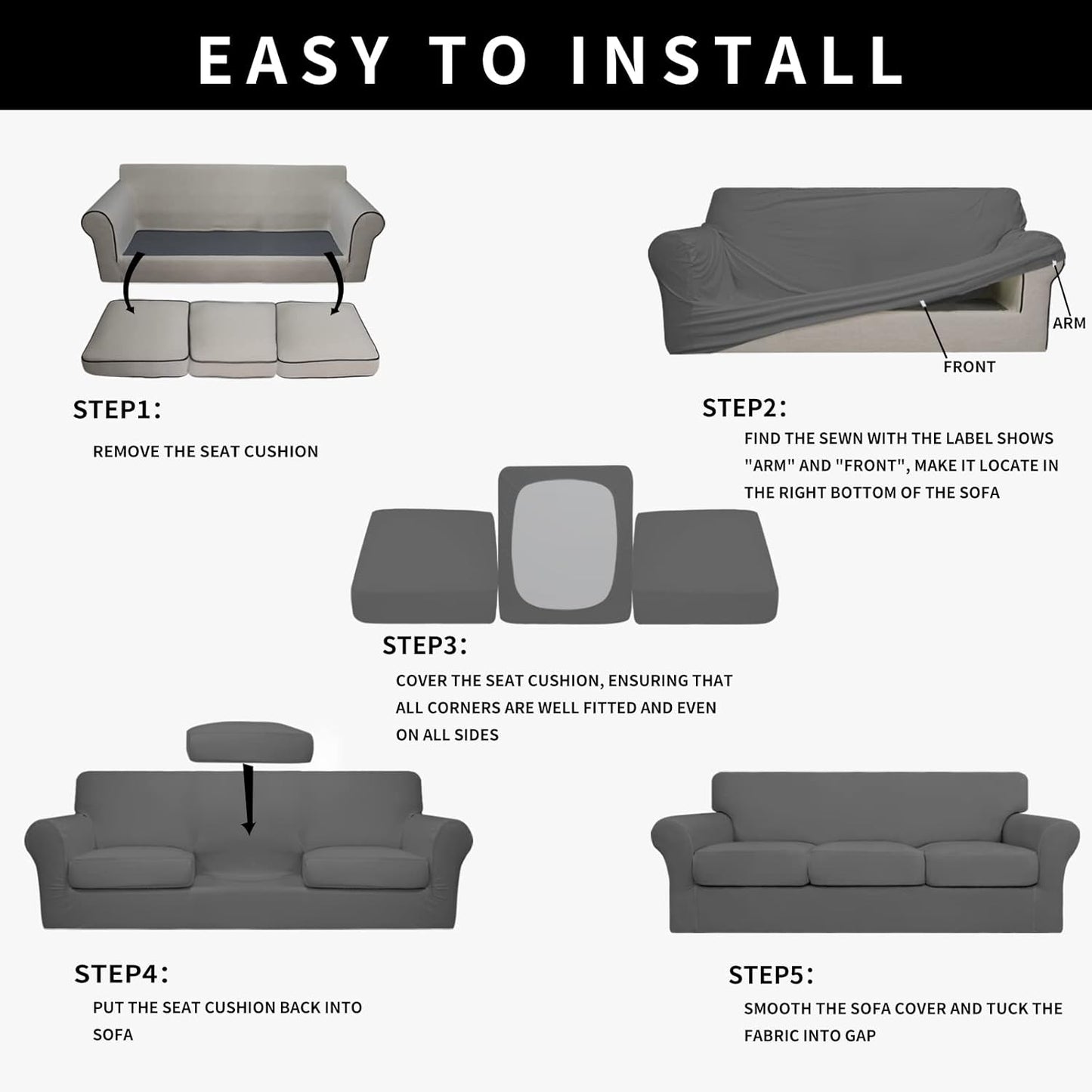 Easy-Going 100% Dual Waterproof 4 Pieces Stretch Soft Couch Cover for Dogs, Sofa Slipcover for 3 Separate Cushion Couch Leakproof Furniture Protector for Kids, Pets Dark Gray