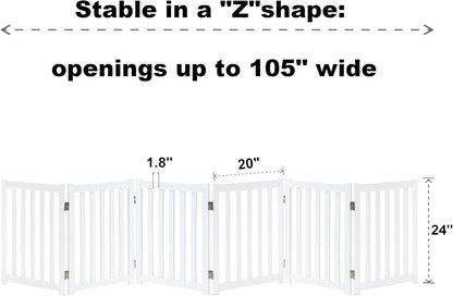 LZRS 2-Panel Wooden Free Standing Foldable Dog Gate Indoor – Solid Hardwood 24" High, Step-Over Safety Pet Gate for Doorways, Stairs & Small Spaces - Indoor Use, White