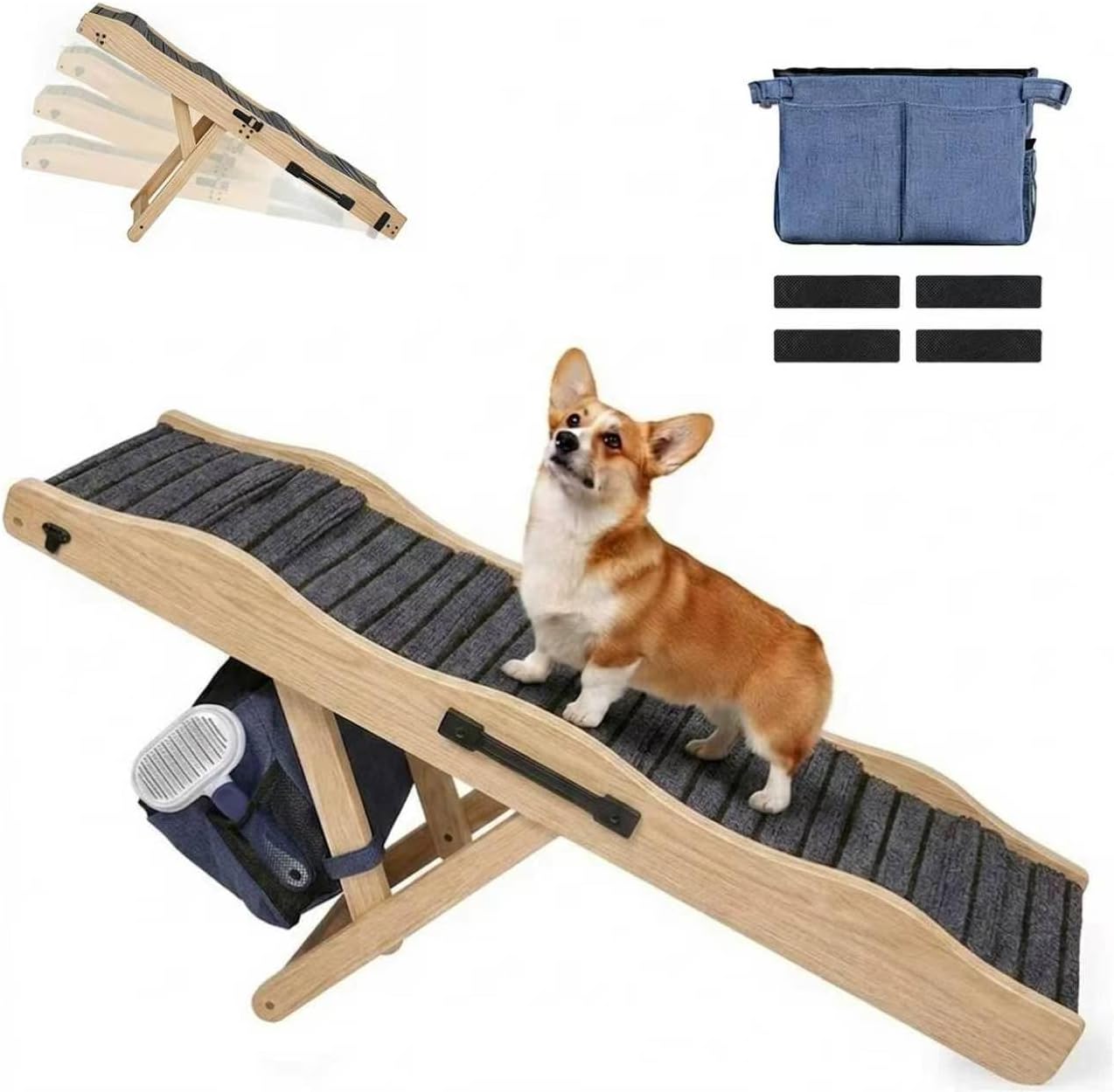 2026 Upgraded Dog Ramp for Couch & Low Bed, 33" L Folding Wood Pet Ramp 200LB Capacity, 4-Level Adjustable Height 11"-20", Non-Slip Sturdy Puppy Ramp for Small & Senior Dogs, Joint Relief, Wavy Design