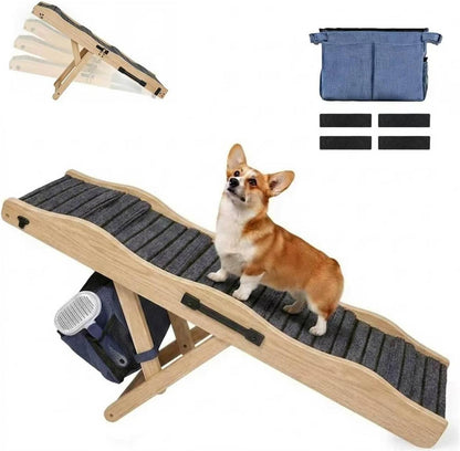 2026 Upgraded Dog Ramp for Couch & Low Bed, 33" L Folding Wood Pet Ramp 200LB Capacity, 4-Level Adjustable Height 11"-20", Non-Slip Sturdy Puppy Ramp for Small & Senior Dogs, Joint Relief, Wavy Design