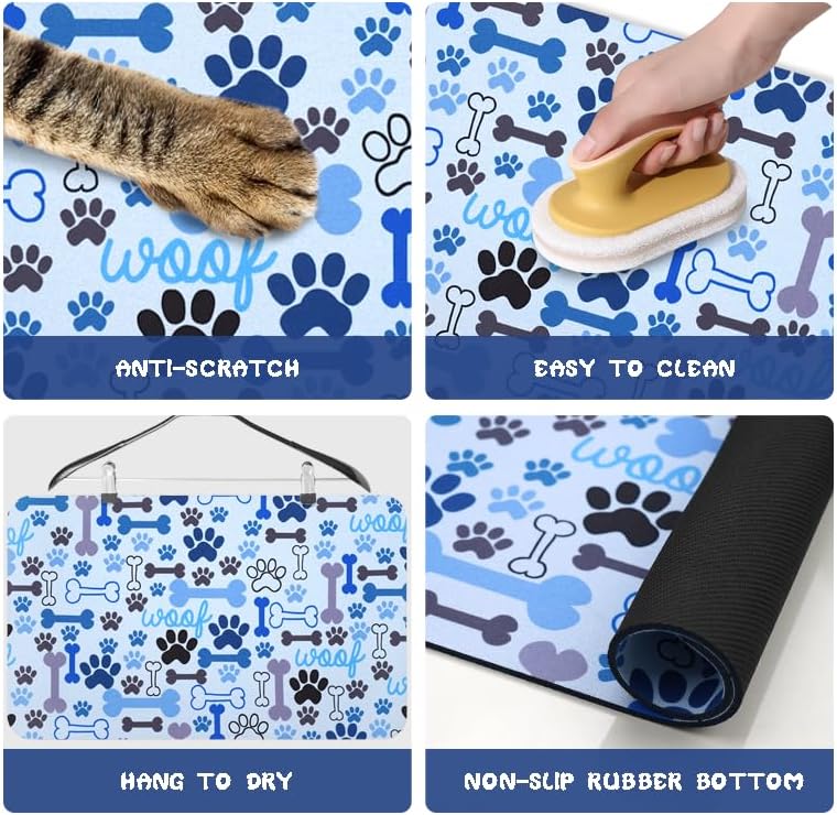 Dog Food Mats for Floors Waterproof, Pet Water Bowl Mats Pet Feeding Absorbent Placemats Plaid 12 * 20 inch