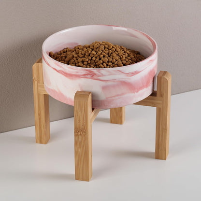 Black Elevated/Raised Dog Bowl Ceramic with Wood Stand for Medium Large Breed,Dog Food Water Dish Heavy Weighted,8 in Non Slip Modern Cute Porcelain Pet Bowl Extra Large
