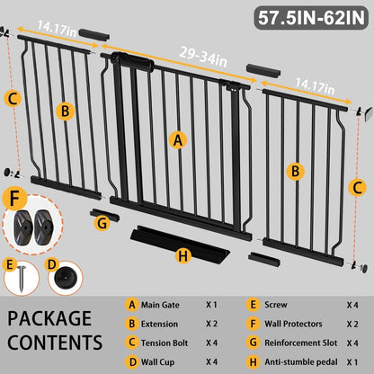 Fairy Baby Extra Wide Baby Gate Black 57.5-62 Inch Wide, Walk Through Pressure Mounted No Drill for Doorways, Long and Large Tension Dog Gates for Pet and Kids