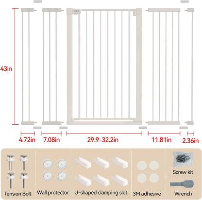 43 inch Tall Safety Dog Gate Adjustable 29.7-45.2 inch Extra-Wide Metal Pet Gate Drill-Free Pressure-Mount Installation kit Self-Closing Cat Gate for Stairwells、Doorways（White）