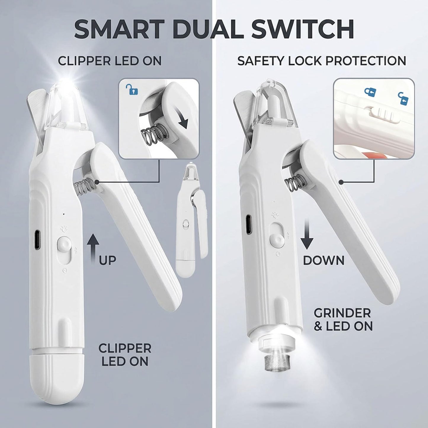 2-in-1 Dog Nail Grinder & Dog Nail Clippers Trimmers for Large Medium Small Dogs Cats Pets Claw Trimmer with LED Lights (White)