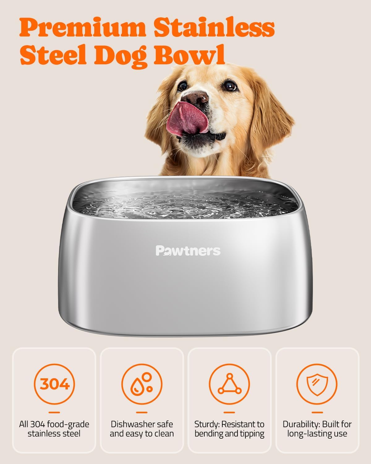 Pawtners All Stainless Steel Dog Water Bowl No Spill,135oz Anti-Splash Dog Bowl with Non-Slip Base, Spill Proof for Medium Large Messy Drinkers, Slow Drinking, Slobber Stopper,Easy to Clean