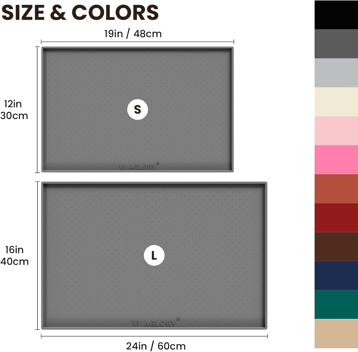 VIVAGLORY Dog Bowl Mat Grippymat Pet Food Mat, Waterproof Washable Nonslip Silicone for Pet & Cat, Food and Water Placemat with Lip & Raised Edges for Indoor Floor, S, Grey
