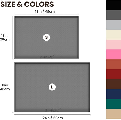 VIVAGLORY Dog Bowl Mat Grippymat Pet Food Mat, Waterproof Washable Nonslip Silicone for Pet & Cat, Food and Water Placemat with Lip & Raised Edges for Indoor Floor, S, Grey