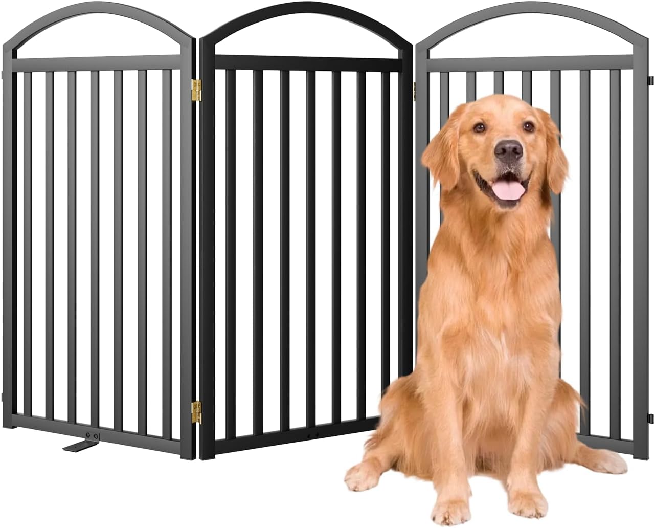 SNUOWU 4 Panels Full Matel Freestanding Dog Gates with Door, 96"Extra Wide 32"Tall Free Standing Dog Pet Gate for Indoor & Outdoor. Foldable Pet Fences for Doorways, House, Stairs, Porch, Deck, Yard