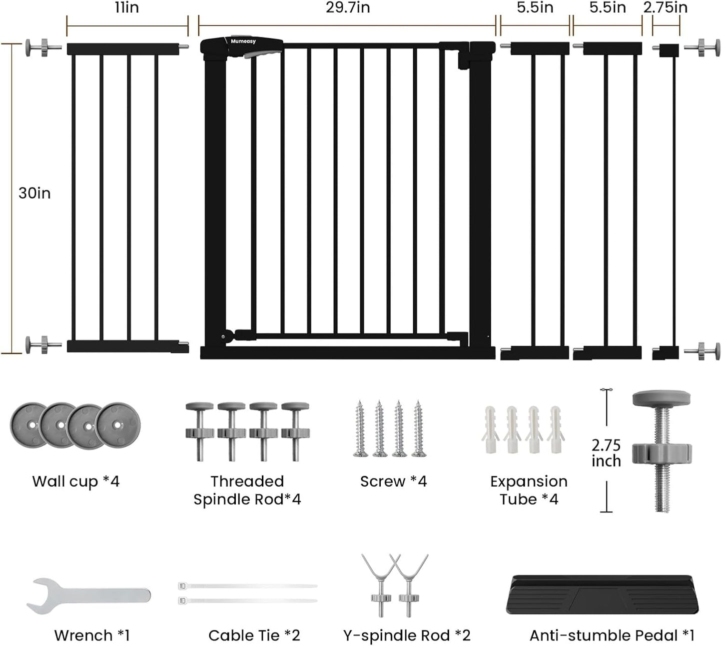 Mumeasy Baby Gate Extra Wide, 29.7-51'' Pressure Mounted Dog Gate with Walk Thru Door, Auto Close Pet Gate for House, Stairs, Doorways,Black