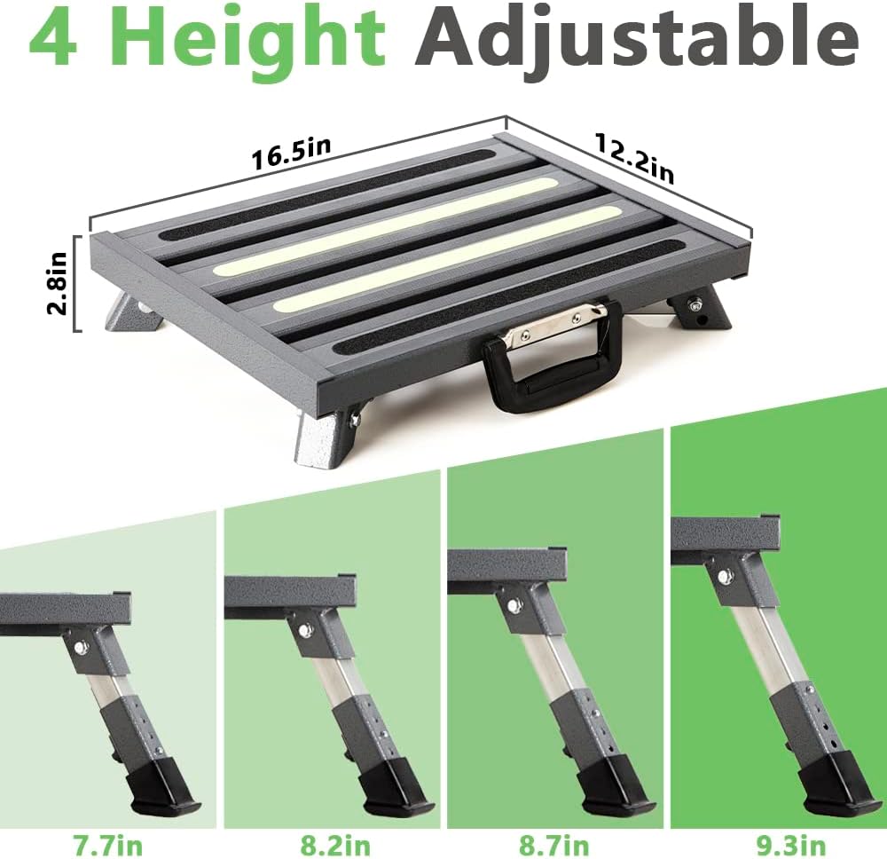 Aluminum RV Steps, 4-Level Adjustable Folding Step Stool with Non-Slip Rubber Feet, Non-Slip Fluorescent Strip Platform Rv Accessories, Supports Up to 1000 lbs - Black