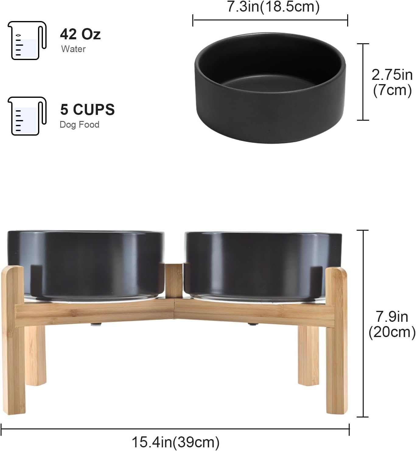 SPUNKYJUNKY Elevated Dog Bowls Ceramic, 6.1'' Dogs and Cat Food Water Bowls Raised with Non-Slip Bamboo Stand for Medium Sized Breed Microwave Dishwasher Safe - 28.7 OZ,Beige
