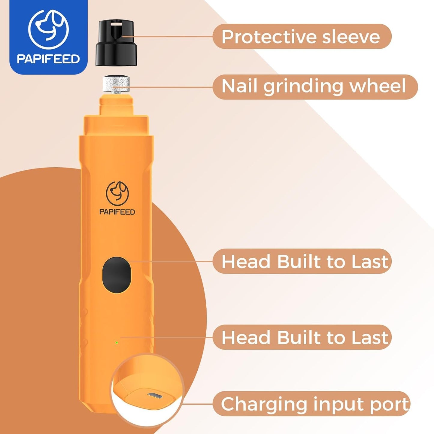 PAPIFEED Dog Nail Grinder with LED Light, Ultra Quiet 3-Speed Electric Nail File for Small Medium Large Dogs & Cats, Rechargeable Pet Nail Grinder with Trimmer (Orange)
