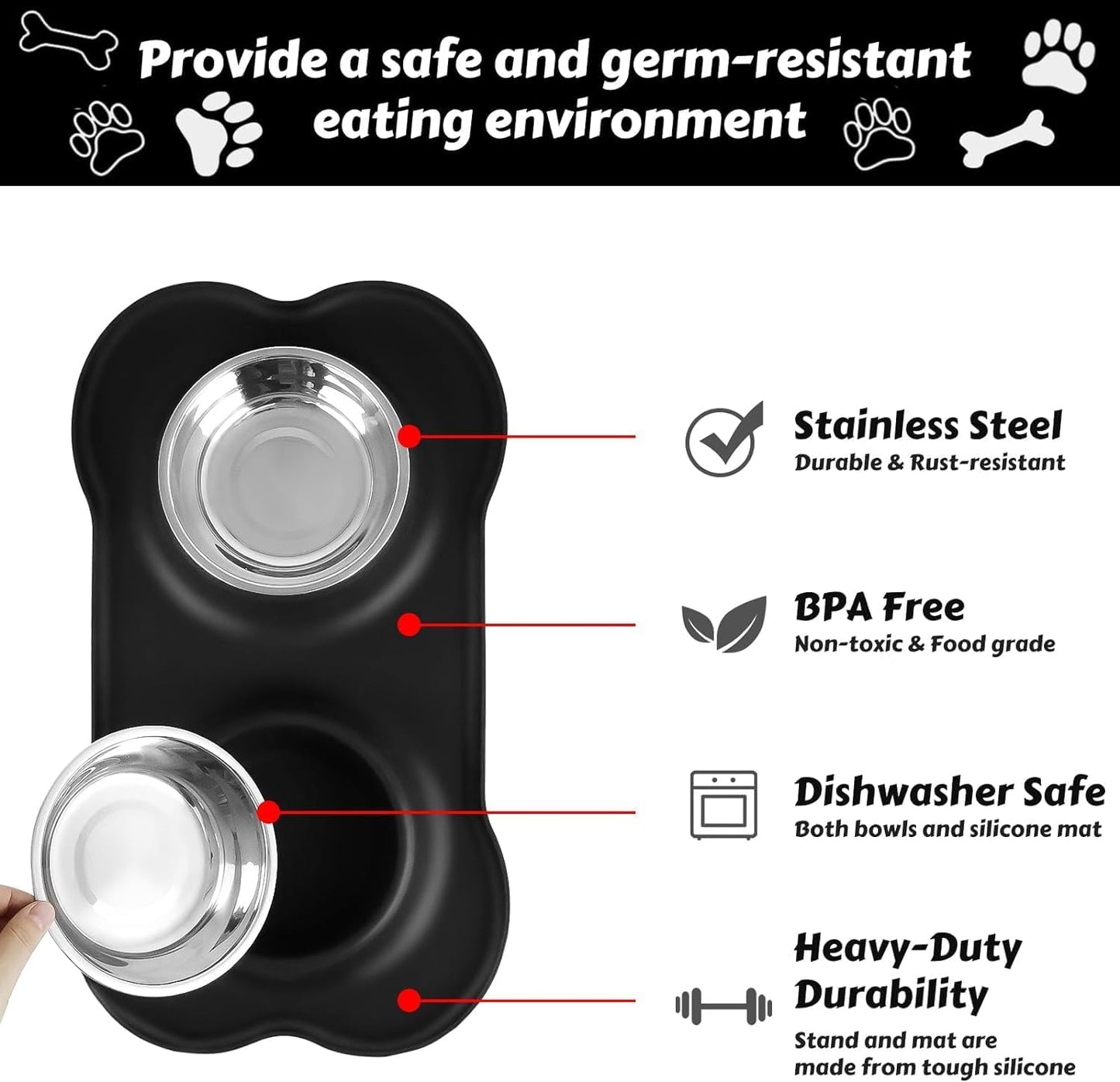 AsFrost Dog Food Bowls Stainless Steel & Water Dish with No-Spill and Non-Skid, Feeder Bowls with Dog Food Dish for Small Medium Large Size,Dogs,Cats,Puppy Pets, Black, 12oz