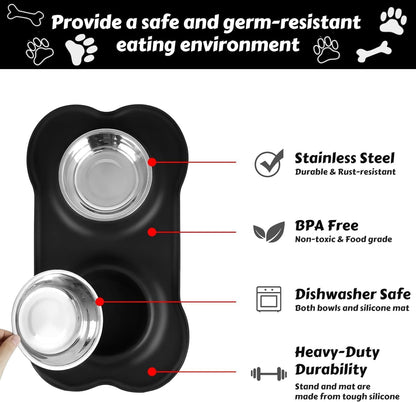 AsFrost Dog Food Bowls Stainless Steel & Water Dish with No-Spill and Non-Skid, Feeder Bowls with Dog Food Dish for Small Medium Large Size,Dogs,Cats,Puppy Pets, Black, 12oz