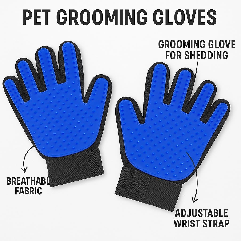 Pet Grooming Gloves for Dogs & Cats – Gentle Hair Remover, Deshedding Bath Mitt, 2-in-1 Brush & Massage, Waterproof & Washable, Blue (1 Pair)