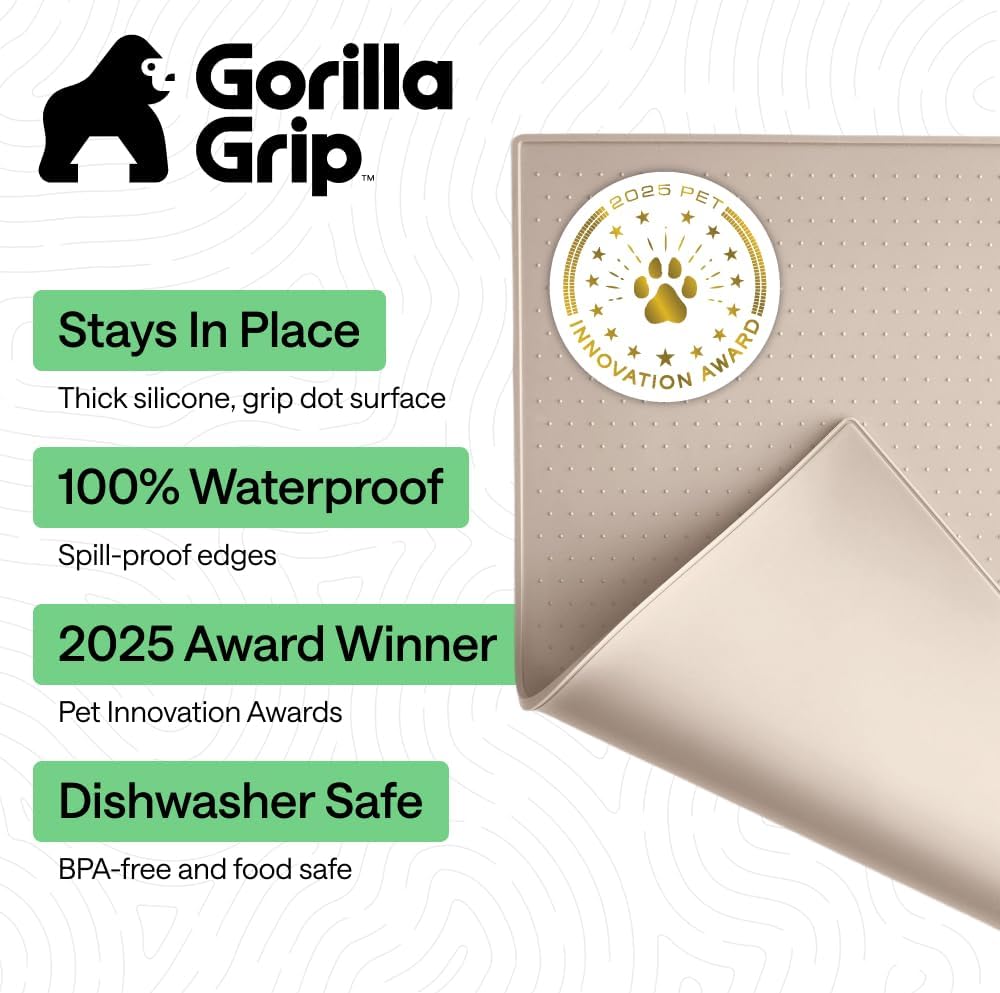 GORILLA GRIP 100% Waterproof Raised Edge BPA Free Silicone Pet Feeding Mat, Dog Cat Food Mats Contain Spills Protects Floors, Placemats for Cats and Dogs Water Bowl, 18.5x11.5, Gray