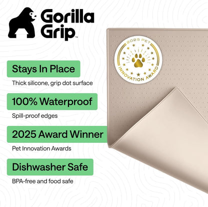 GORILLA GRIP 100% Waterproof Raised Edge BPA Free Silicone Pet Feeding Mat, Dog Cat Food Mats Contain Spills Protects Floors, Placemats for Cats and Dogs Water Bowl, 18.5x11.5, Gray