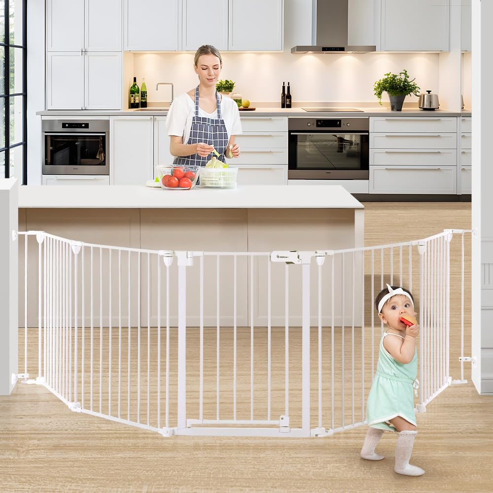COMOMY 80" Extra Wide Baby Gate, Dog Gate for House Stairs Doorways Fireplace, Auto Close Pet Gate with Door Walk Through, 3 Metal Panels, Hardware Mounted Baby Fence Indoor Outdoor(30" Tall, Black)
