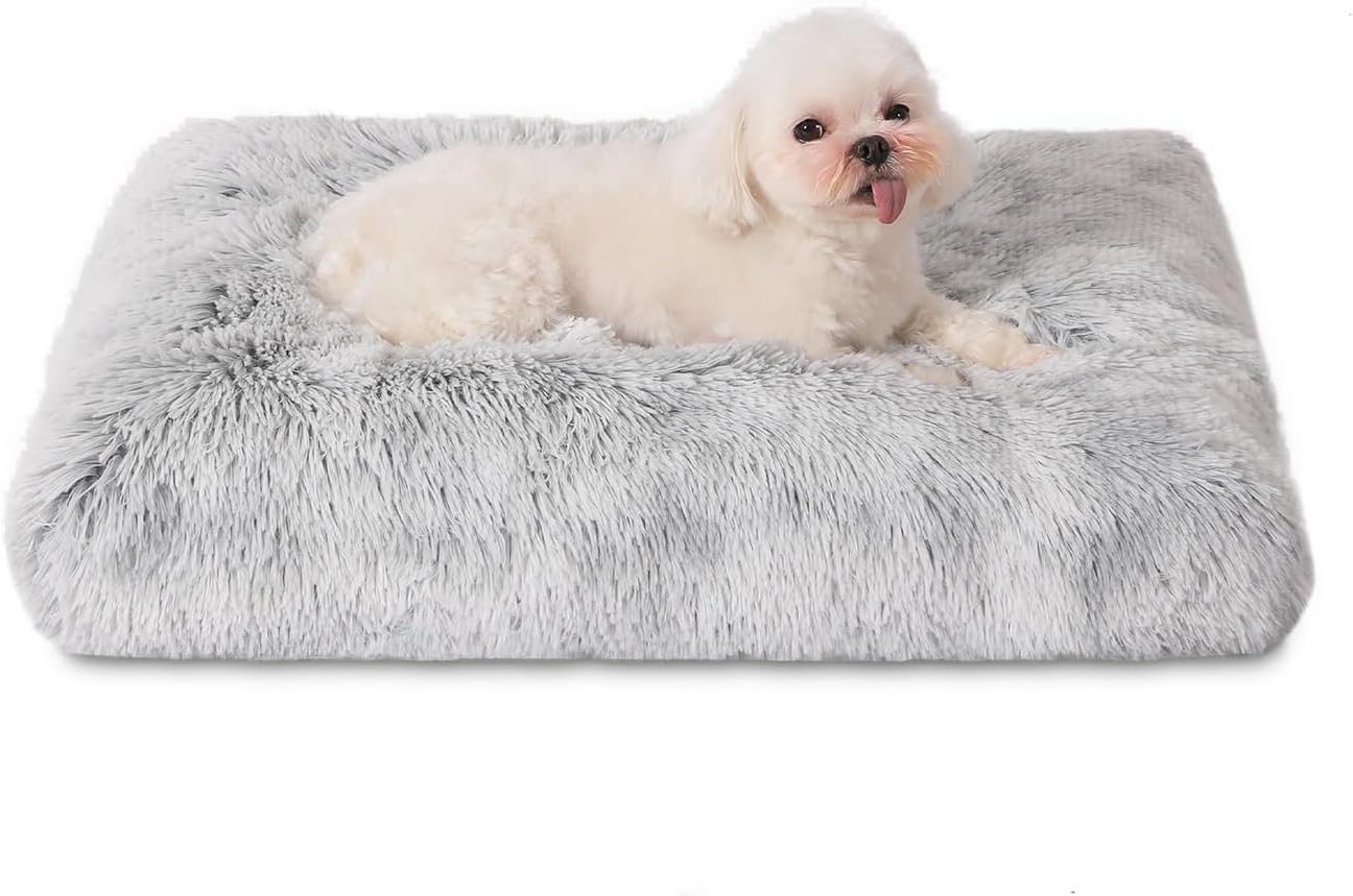 Bedfolks Waterproof Dog Crate Bed, Plush With Removable Washable Cover, Faux Fur Crate Pad for Medium Dogs, Fluffy Kennel 29"x21", Dark Grey