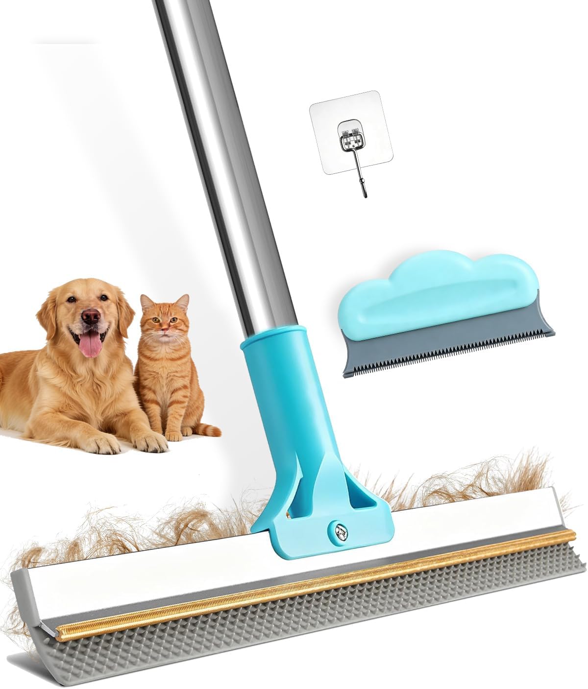 Carpet Rake for Pet Hair Removal, Upgraded Reusable Carpet Scraper Broom with 54” Adjustable Long Handle, Dual-Sided Metal & Silicone Brush, Cat & Dog Hair Remover Tool for Rugs, Mats, Stairs